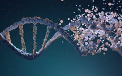 Modello 3D di struttura del DNA con doppia elica e particelle in dispersione