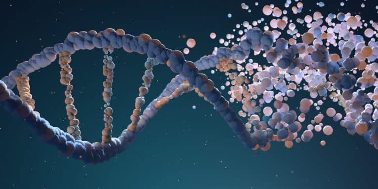 Modello 3D di struttura del DNA con doppia elica e particelle in dispersione