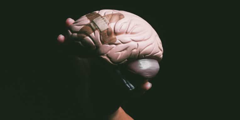 Mano che tiene un modello di cervello con cerotto applicato
