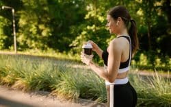 Donna beve caffè durante un allenamento all’aperto
