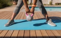Persona che si allena con un kettlebell su un tappetino fitness all’aperto